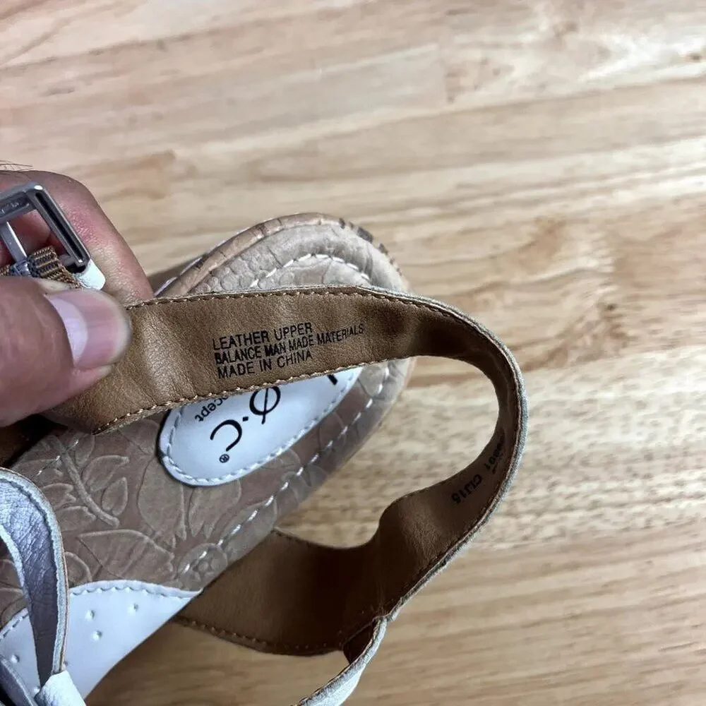 BOC Cornelis Wedge Sandals 10M White Floral Adjustable Ankle Strap Leather Upper